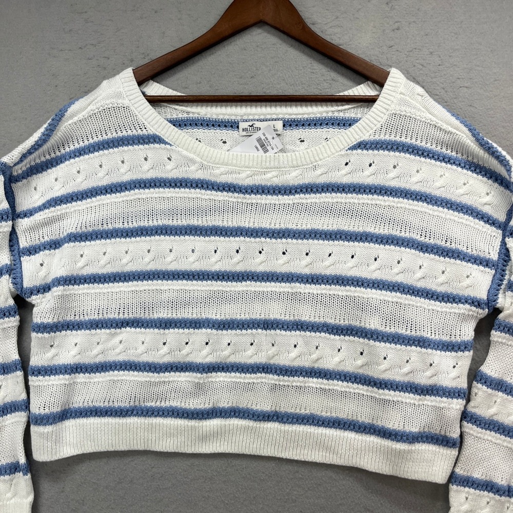 NEW Hollister Sweater Womens L White Blue Striped Cropped Pointelle Knit Cotton - Picture 2 of 9